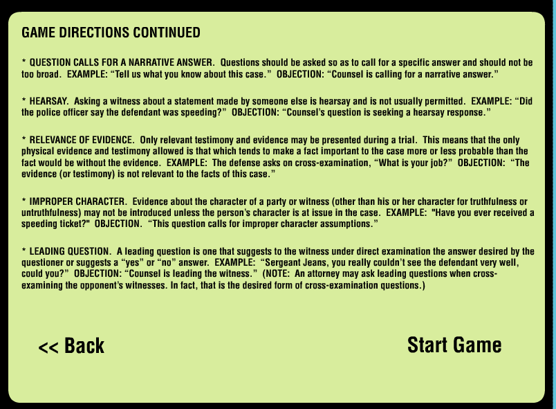 Game Design - Legal Games - Texas LEgal Education - Evidence game Objection your honor Screen Shot 2014-10-20 at 4.03.32 PM